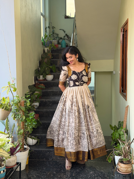 Padma silk Kalam Kari print gown for women.