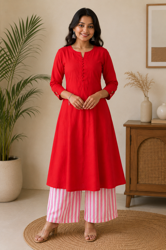 Lakshmi Pink Flared Kurti & Striped Palazzo Set