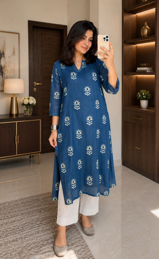 Aadhya Blue Pure Cotton Kota Chex Kurta Set.