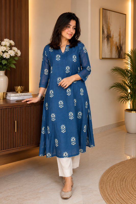Aadhya Blue Pure Cotton Kota Chex Kurta Set.