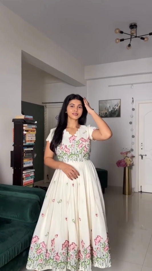 Apsara Floral Embroidered Ivory Midi Dress for Women
