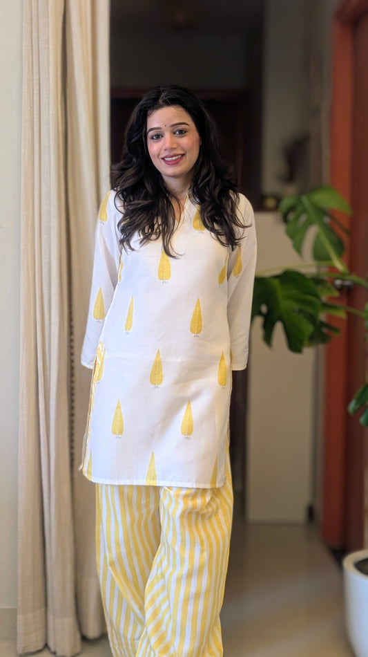 Maher Yellow Printed Kurta Set with Striped Palazzo