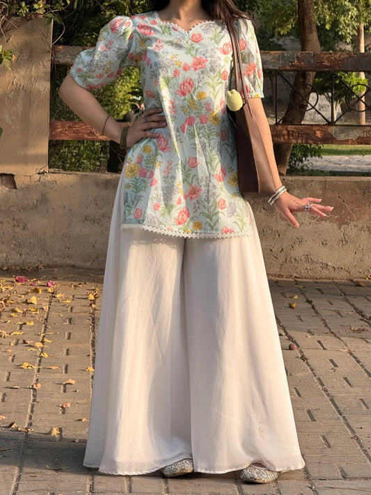 Lily Flower Printed Short Kurti With Flared Plazzo.