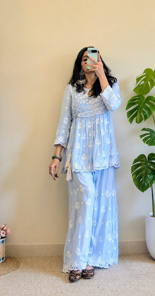 Falak Soft Blue Threadwork Kurti with Matching Palazzo Pants.