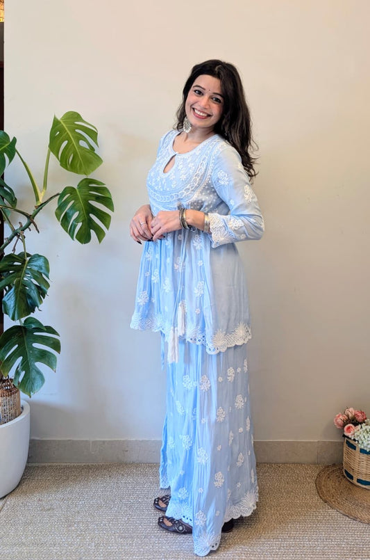 Falak Soft Blue Threadwork Kurti with Matching Palazzo Pants.