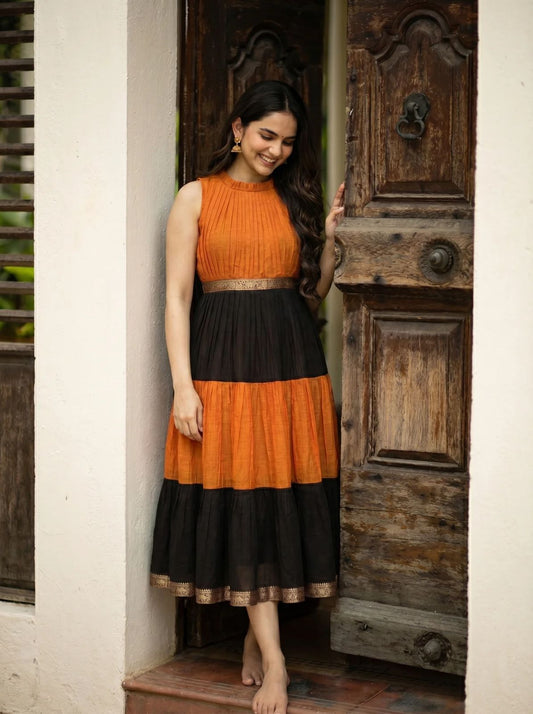 Sita Premium Orange & Black Pleated Ethnic Dress.