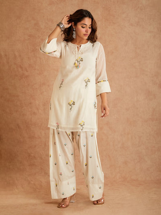 Mrunal Ivory Embroidered Chanderi Kurta With Farshi Salwar.