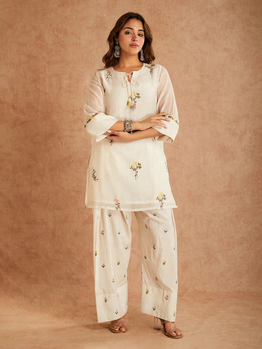 Mrunal Ivory Embroidered Chanderi Kurta With Farshi Salwar.