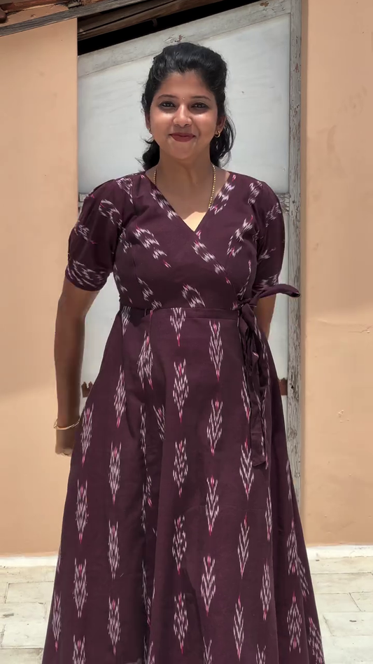 Navya Brown Chocolate Ikkat Print Wrap Mini Dress