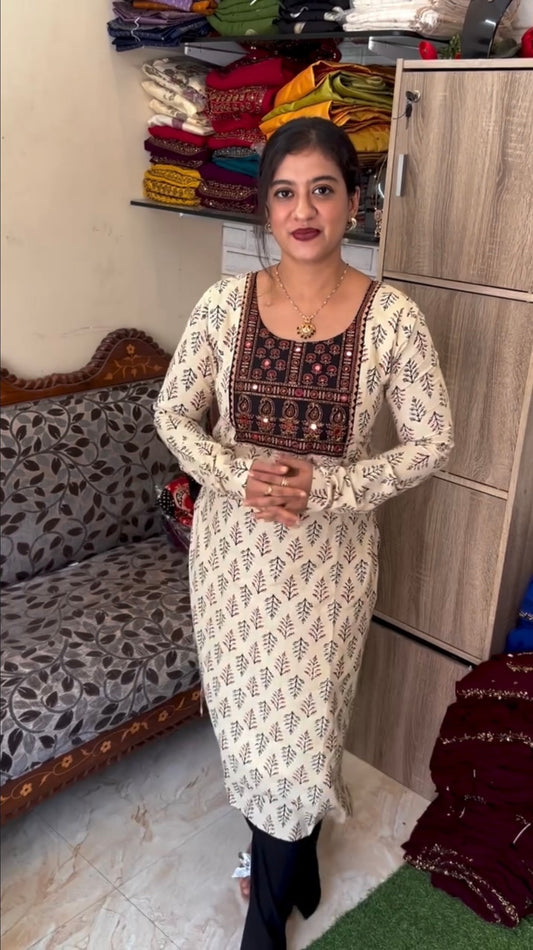 Diza Ajrakh prited cotton kurti with mirror and beads work
