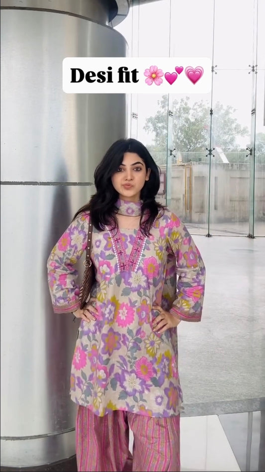 Zeya Floral Printed Kurta with Striped Farshi Palazzo & Dupatta Set.