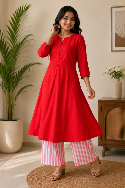 Lakshmi Pink Flared Kurti & Striped Palazzo Set
