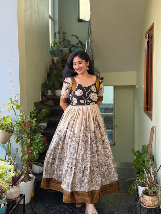 Padma silk Kalam Kari print gown for women.