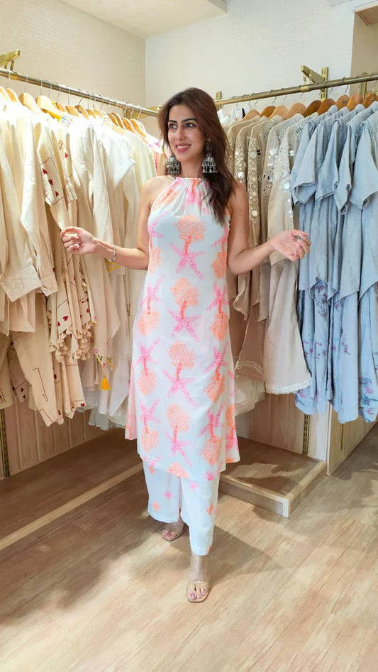 Nisha Pure Cotton Starfish printed kurta set for women