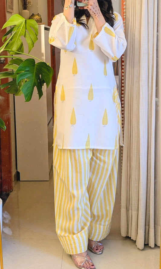 Maher Yellow Printed Kurta Set with Striped Palazzo