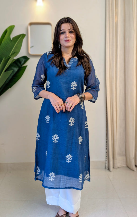 Aadhya Blue Pure Cotton Kota Chex Kurta Set.