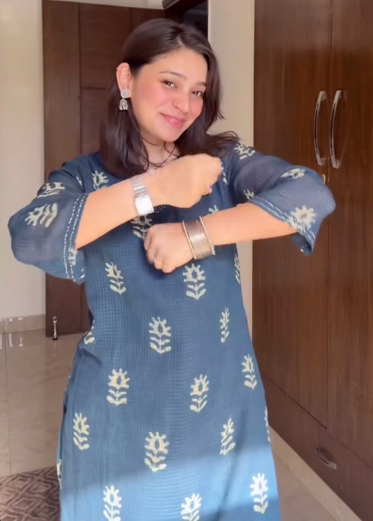 Aadhya Blue Pure Cotton Kota Chex Kurta Set.