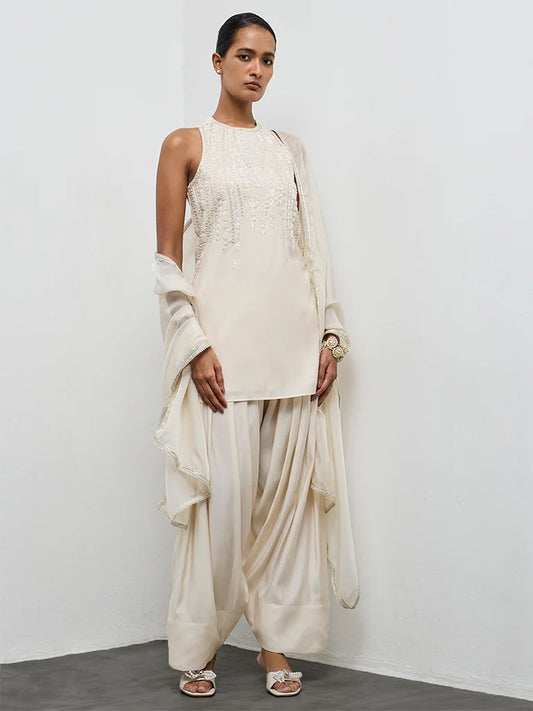 Kiara Ivory Embellished Kurta Set with Draped Salwar &amp; Organza Dupatta