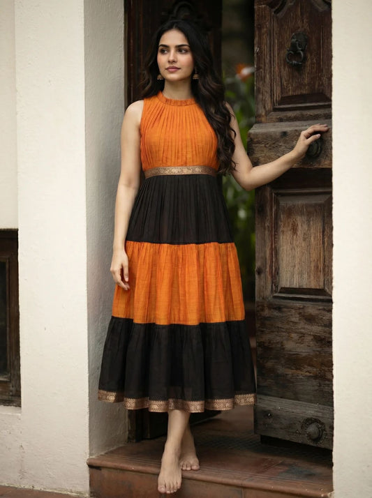 Sita Premium Orange & Black Pleated Ethnic Dress.