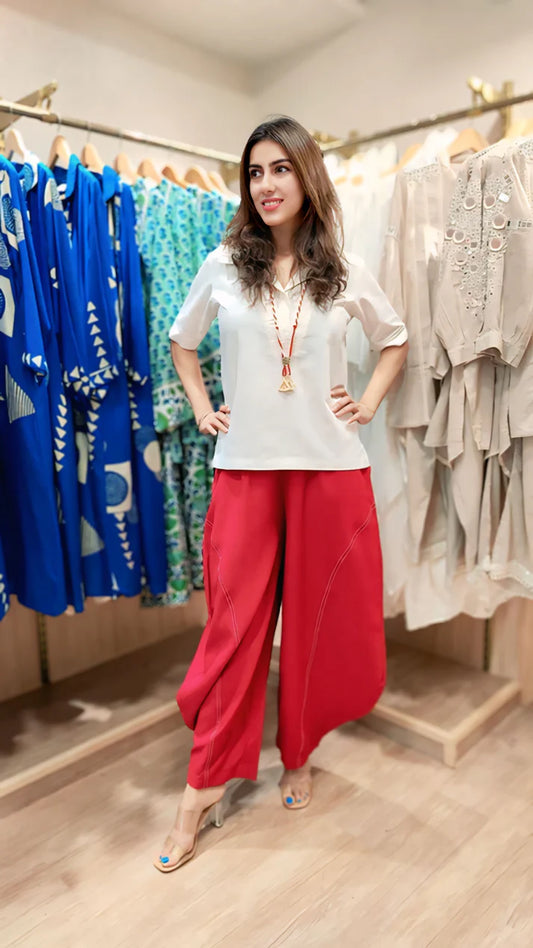 Devisha White Red Drape Pants Coord Set