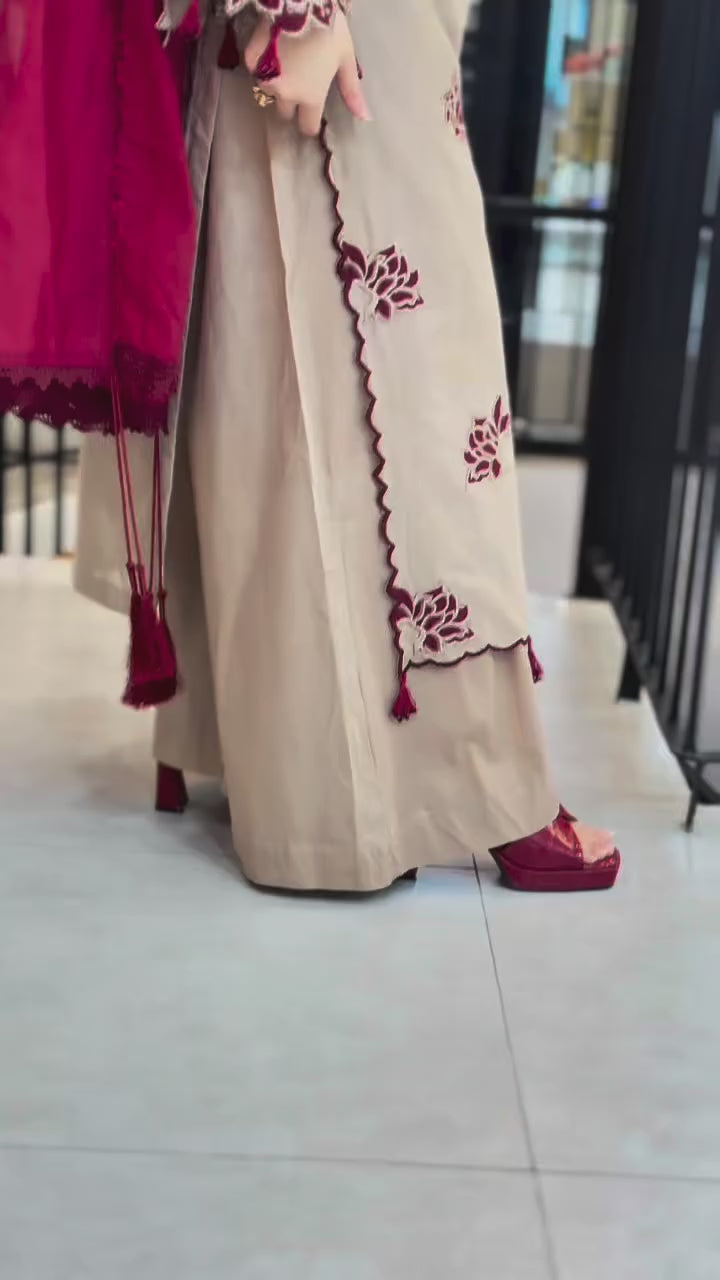 Hania Luxury Beige Embroidered Kurta Set with Rich Maroon Dupatta