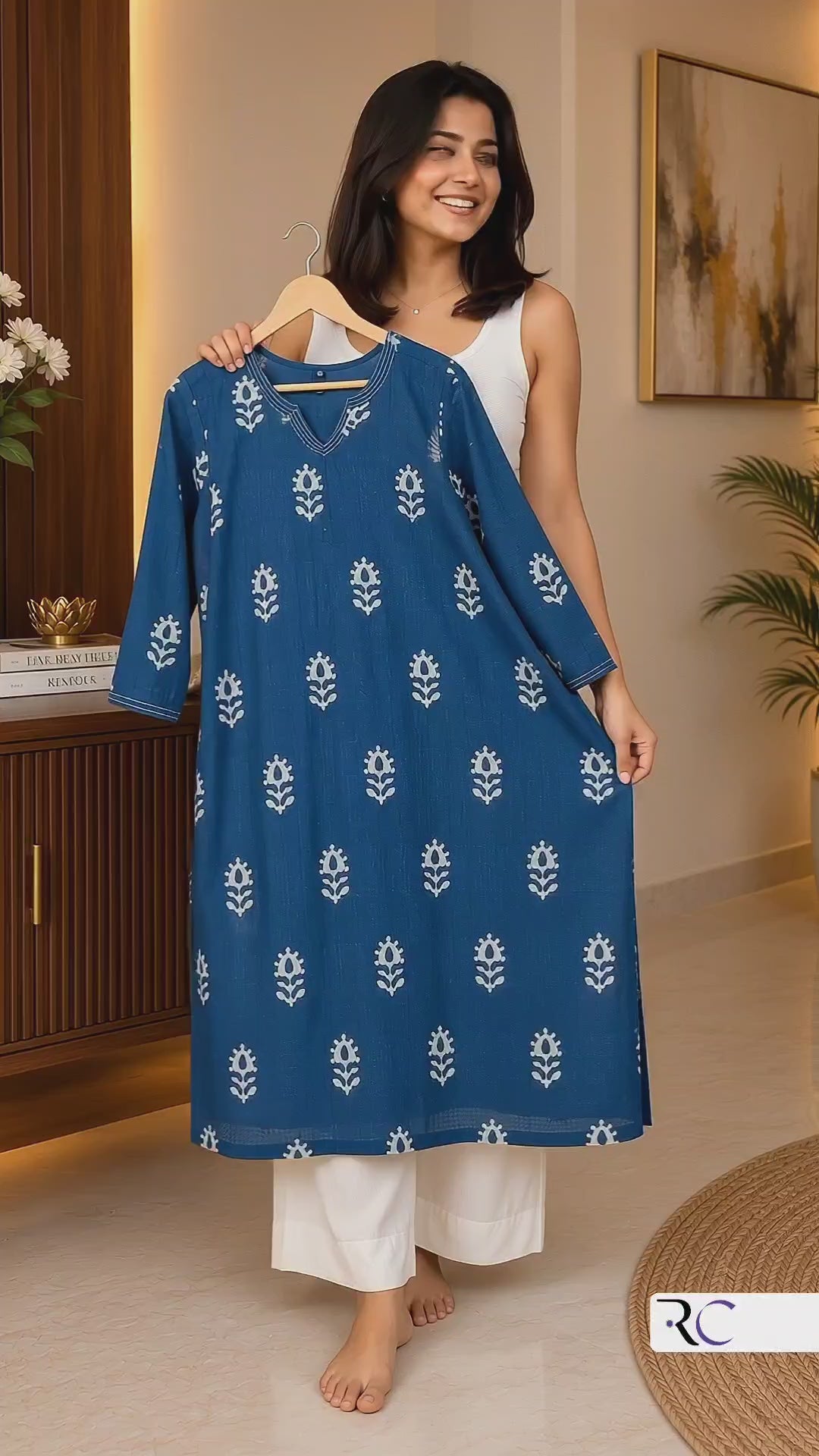 Aadhya Blue Pure Cotton Kota Chex Kurta Set.