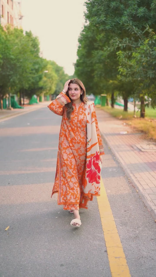 Rabatta Women’s Orange Floral 3-Piece Printed Suit with Matching Dupatta