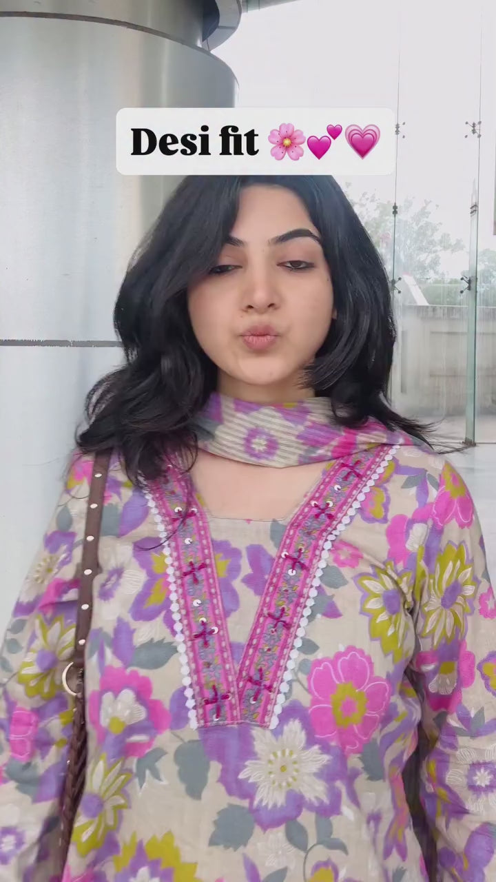 Zeya Floral Printed Kurta with Striped Farshi Palazzo & Dupatta Set.