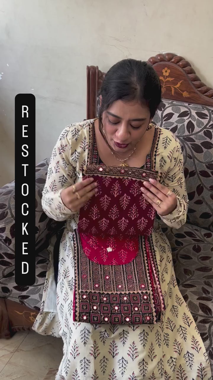 Diza Ajrakh prited cotton kurti with mirror and beads work