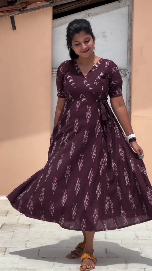 Navya Brown Chocolate Ikkat Print Wrap Mini Dress